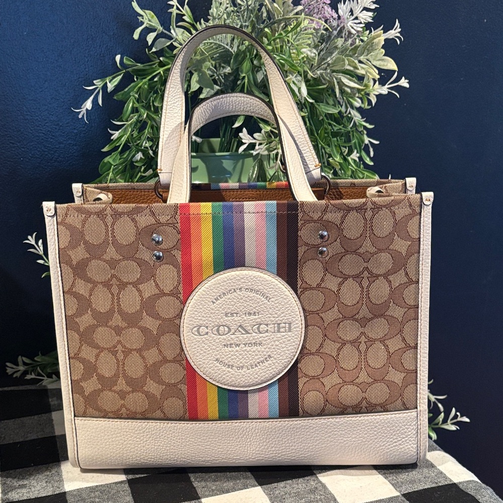Coach Dempsey Tote in Signature Jacquard with Rainbow Stripe and Patch